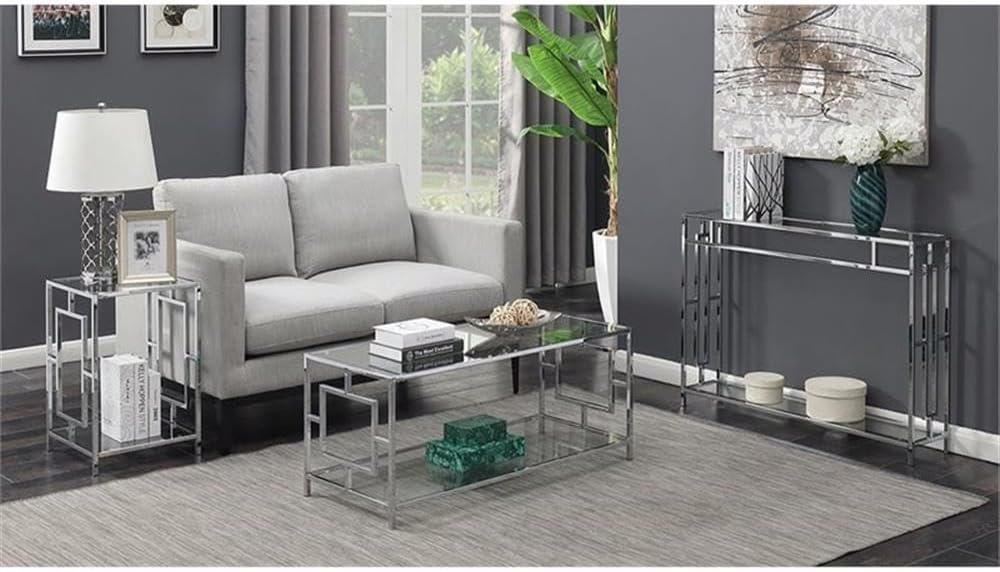 Convenience Concepts Town Square Chrome Console Table 42' - Contemporary Modern Sofa Table with Storage Shelf, Narrow Entryway Hall Table for Living Room, Bedroom, Bathroom, Glass/Chrome