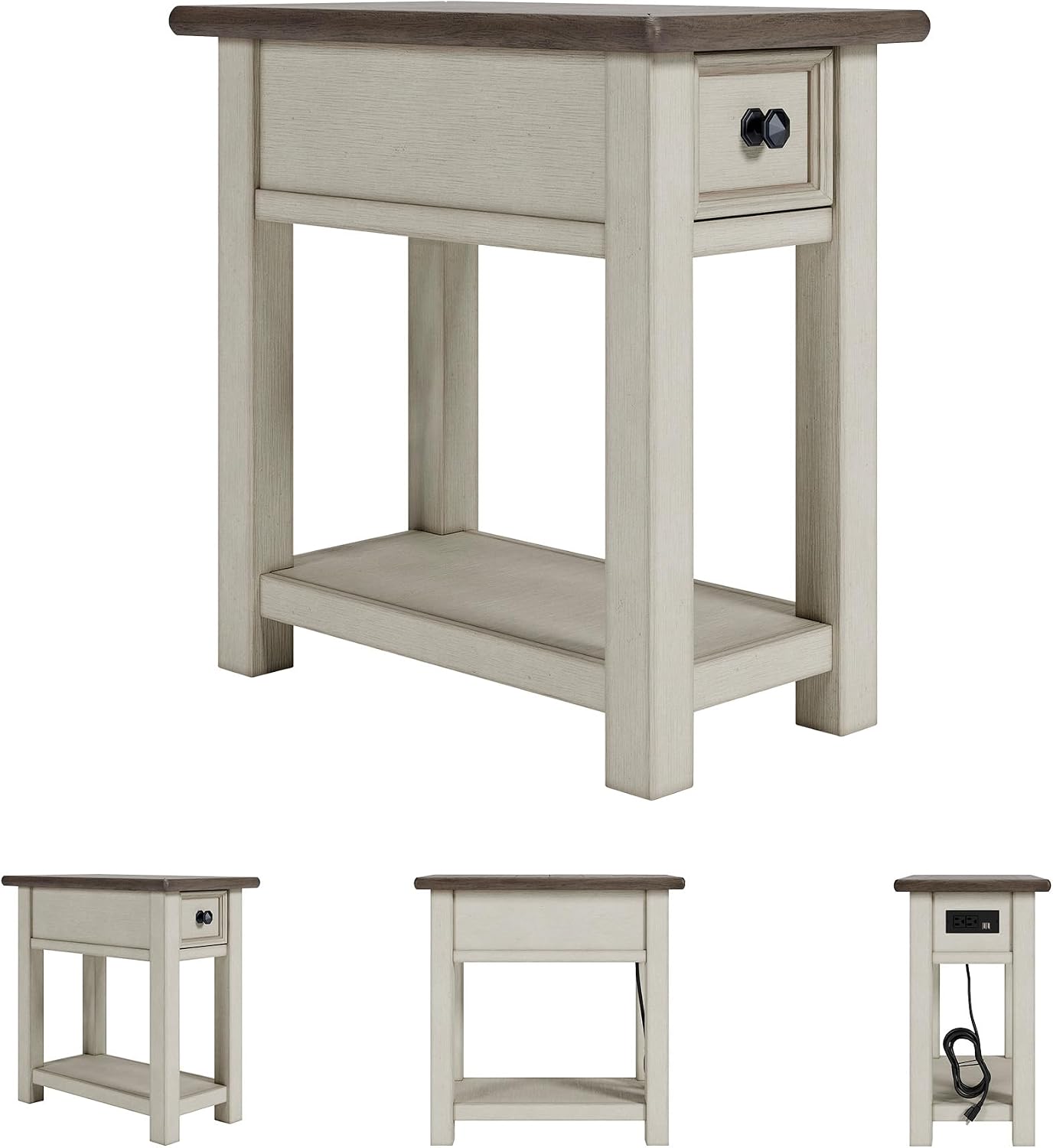 Signature Design by Ashley Bolanburg Chairside End Table With Charging Station, Two-Tone Wood Accent Table With Drawer Storage, Plank Top Design for Living Room or Bedroom, Antique White