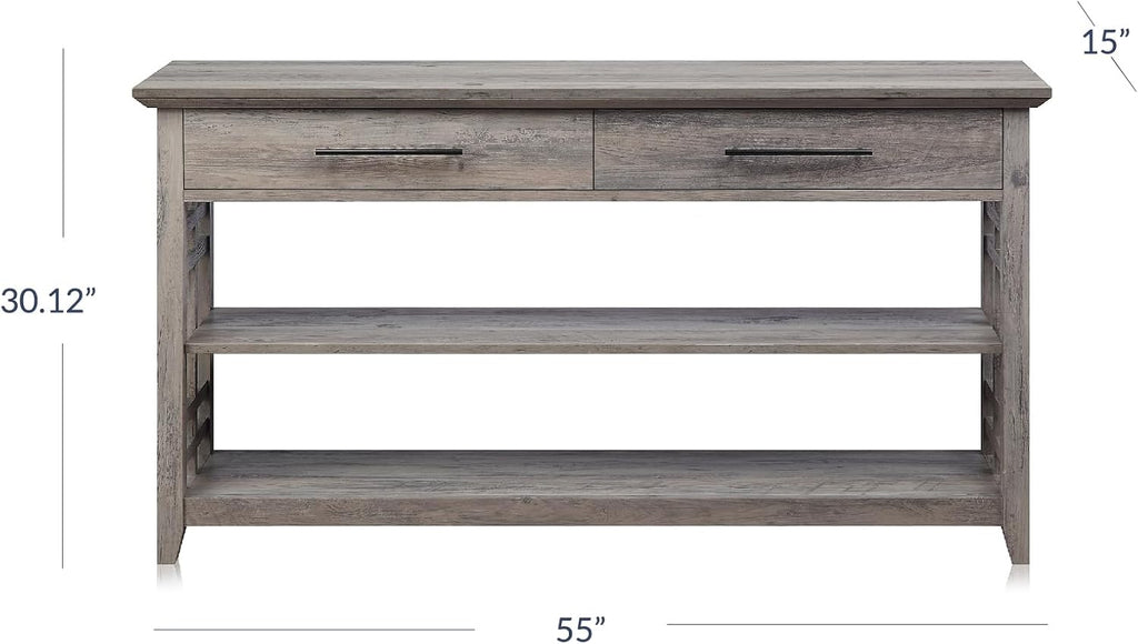 BELLEZE 3 Tier Console Table with Two Storage Shelves & Drawers, Wood Accent Sofa Table for Entryway Living Room Hallway - 55 Inch - Norrell (Gray Wash)