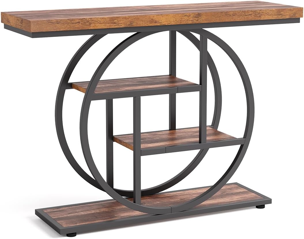 LITTLE TREE Console Table, 4-Tier Entryway Table, 41.3-Inch Industrial Sofa Table for Living Room, Foyer Hallway Table for Entrance, Rustic Brown and Black