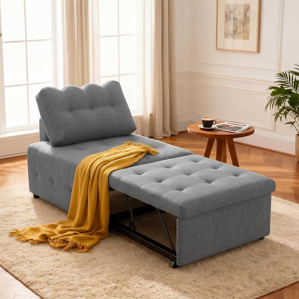 CMOHOMA Sleeper Sofa Bed,Convertible Pull Out Couch with Adjustable Backrest,Linen Chaise Lounge Chair,Sectional Couches for Living Room,Bedroom,Apartmen,Gray