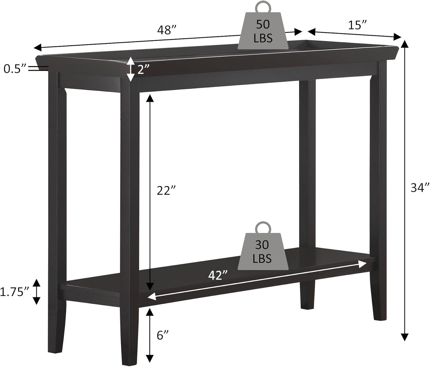 Convenience Concepts Ledgewood Console Table 48' - Modern Narrow Sofa Display Accent with Storage Shelf for Transitional, Traditional Living Room, Entryway, Hallway, or Bedroom, Black