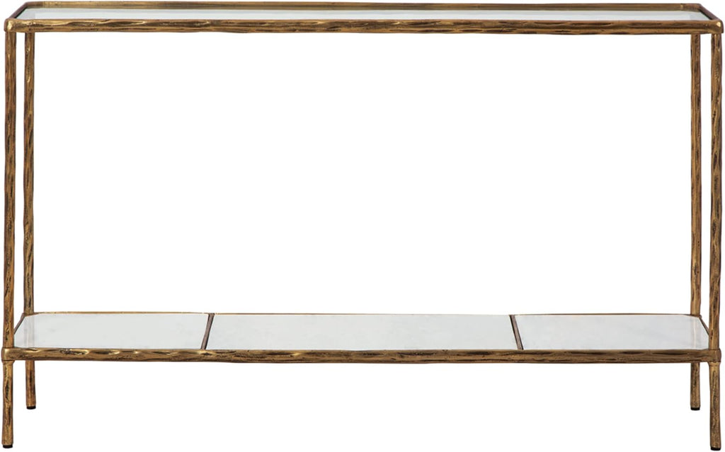 Signature Design by Ashley Ryandale Console Sofa Table, Glass Tabletop, White Marble Lower Shelf, Sand Casted Aluminum, 52' W x 12.5' D x 32.75' H, Antique Brass Finish