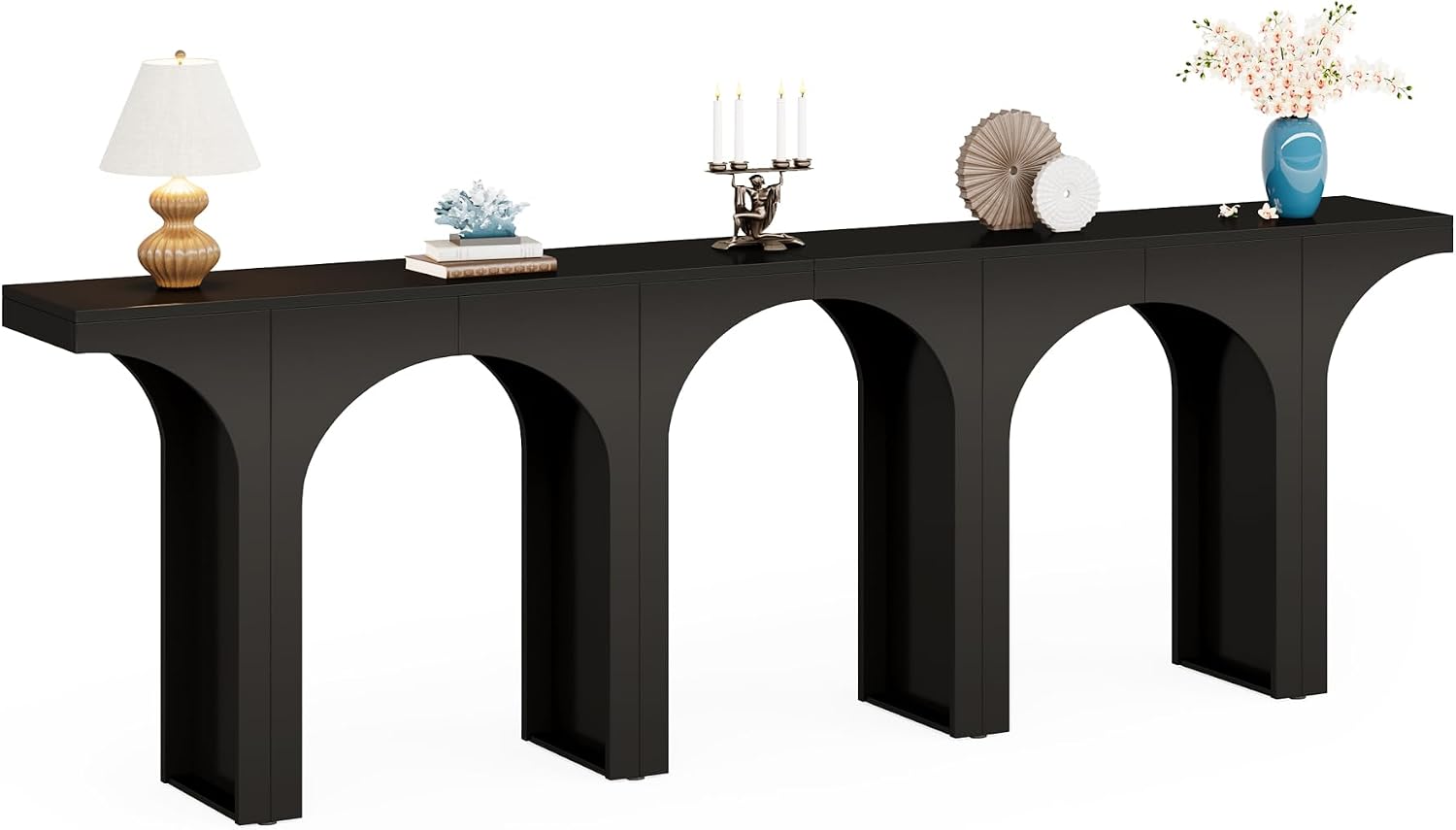 Tribesigns Black Console Table, 94-Inch Entryway Console Table, Wood Sofa Table Behind Couch with Arched Base, Narrow Hallway Table, Modern Foyer Accent Table for Entrance Living Room (Set of 2)