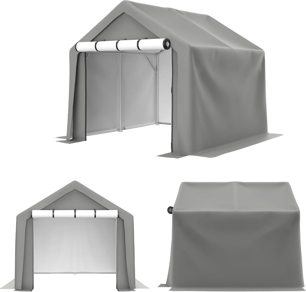 8x8 ft Storage Tent with Roll up Doors, Outdoor Portable Shelter Shed Garage Tent Carport, Waterproof Snowproof for Lawn Mower, Bike, Motorcycleand, Gray