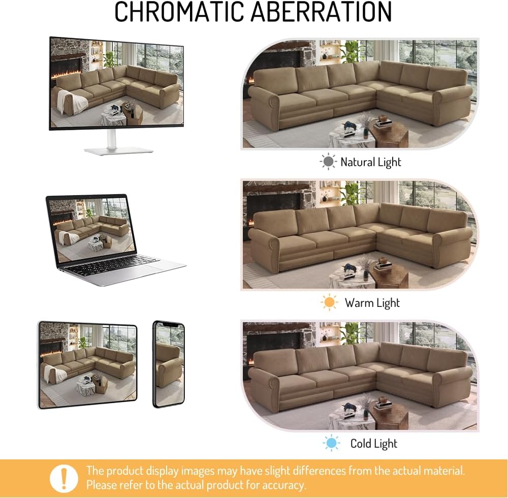 118'' Sleeper Sofa Bed, Convertible Pull Out Couch, Upholstered Sectional Sofa, Chenille L-Shaped Couch with Nailhead Trim, Modern Sectional Couches for Living Room, Apartment, Camel