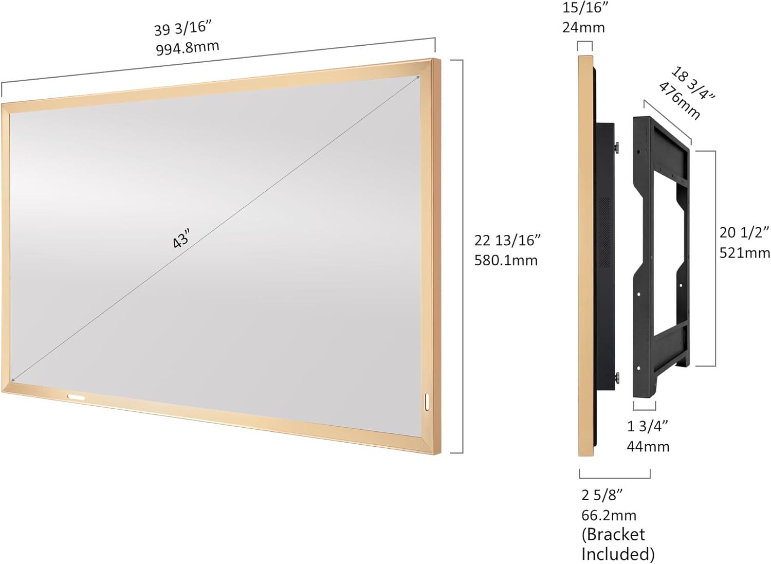 Soulaca 43 inches Smart Mirror TV with Champagne Gold Aluminum Alloy Frame webOS Hub ATSC DTV ThinQ Voice Control Built-in Streaming Apps for Kitchen Smart Gallery
