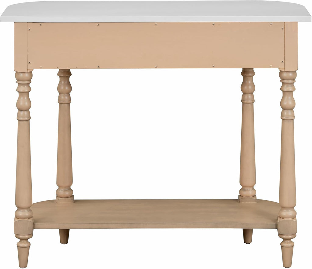 Small Curved Console Table 36-Inch Retro Farmhouse Entryway Sofa Table with Drawer & Storage Shelf for Entry Hallway Foyer Living Room Furniture, Solid Wood Legs, Space-Saving, Beige