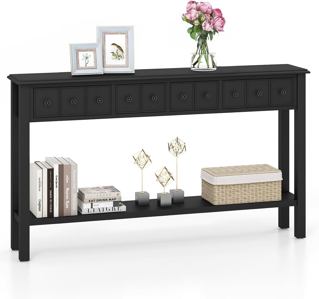 Giantex Narrow Console Table with Storage - 60' Long Sofa Side Table w/ 4 Drawers & Open Shelf, Solid Wood Legs, Rectangular Entry Table, Retro Entryway Table for Living Room Hallway, Foyer, Black