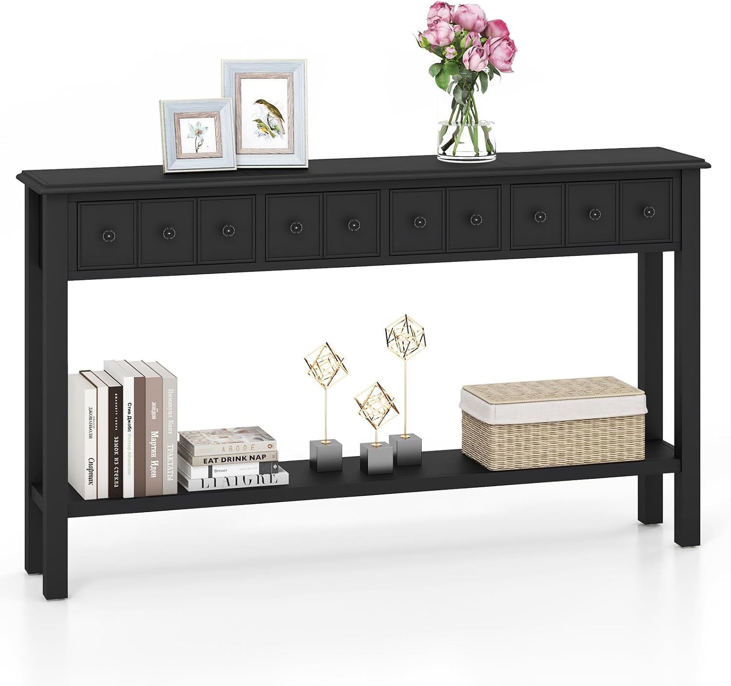 Giantex Narrow Console Table with Storage - 60' Long Sofa Side Table w/ 4 Drawers & Open Shelf, Solid Wood Legs, Rectangular Entry Table, Retro Entryway Table for Living Room Hallway, Foyer, Black