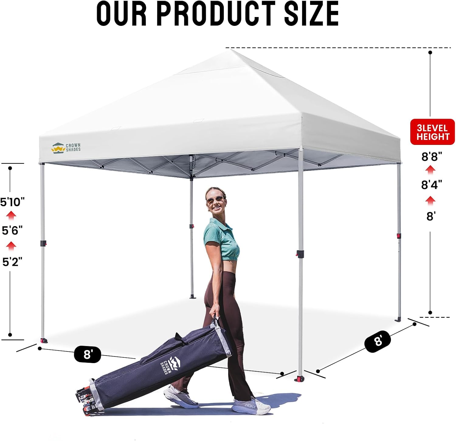 CROWN SHADES 8x8 Pop Up Canopy - Beach Tent with One Push Setup - Easy Outdoor Sun Shade for Events, Parties, Camping - Gazebo with STO-N-Go Cover Bag, Silver Coated Top, White