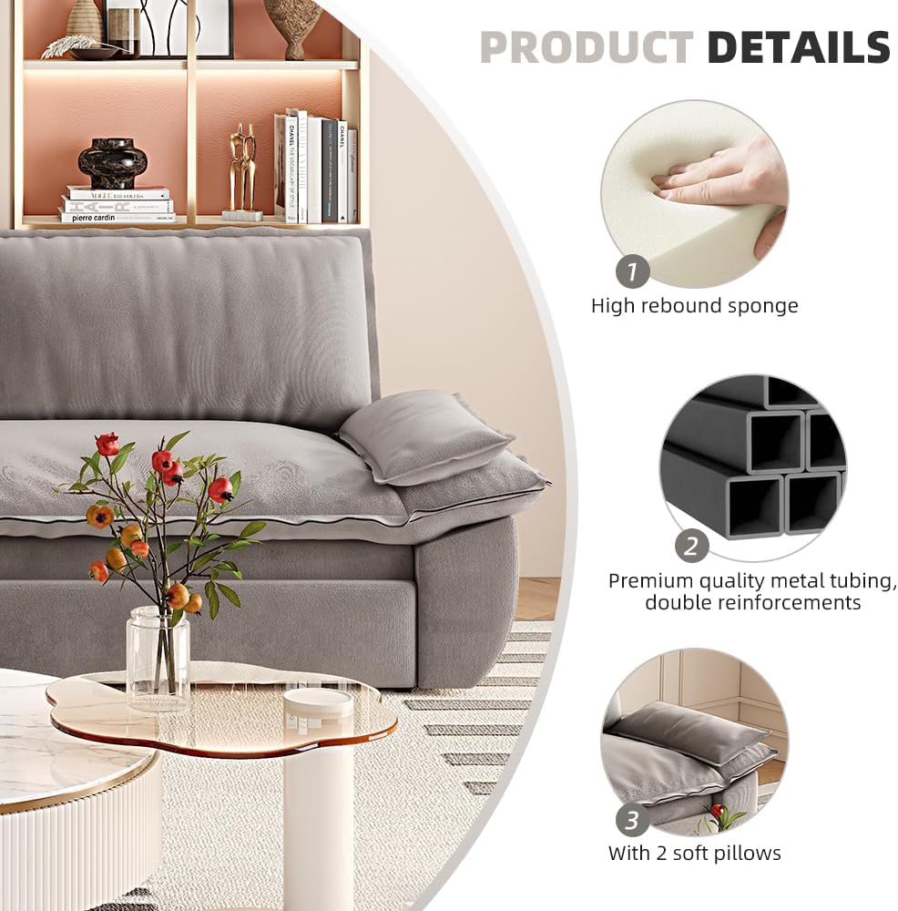 73.2' Sleeper Sofa Bed Queen Size, 3-in-1 Convertible Couch, Modern Pull Out Couches, Comfy Velvet Futon Sofa, Cloud Loveseat Lounge, Pillow Arm for Small Spaces, Living Room, Apartment, Grey