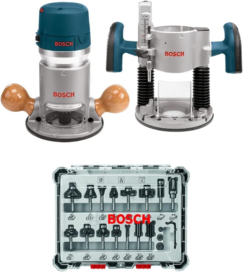 BOSCH 1617EVSPK Wood 12 Amp Router Tool Combo Kit - 2.25 Horsepower Plunge Router & Fixed Base with a Variable Speed&BOSCH 15 pc. Carbide-Tipped Wood Router Bit Set