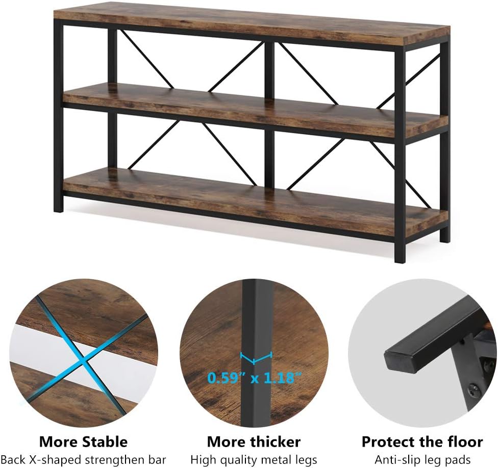 Tribesigns 55 Inches Long Sofa Table with Storage Shelves, 3 Tiers Industrial Rustic Console Table with Open Shelves, Three Decorative Shelf, Open TV Shelf for Living Room, Hallway, Book