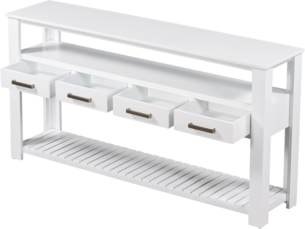 62 in White Console Table with 4 Drawers and 3-Tier Storage Shelves, Wood Modern Sofa Table Entryway Table Side Table for Entry Way, Hallway, Couch, Living Room, Kitchen, Foyer