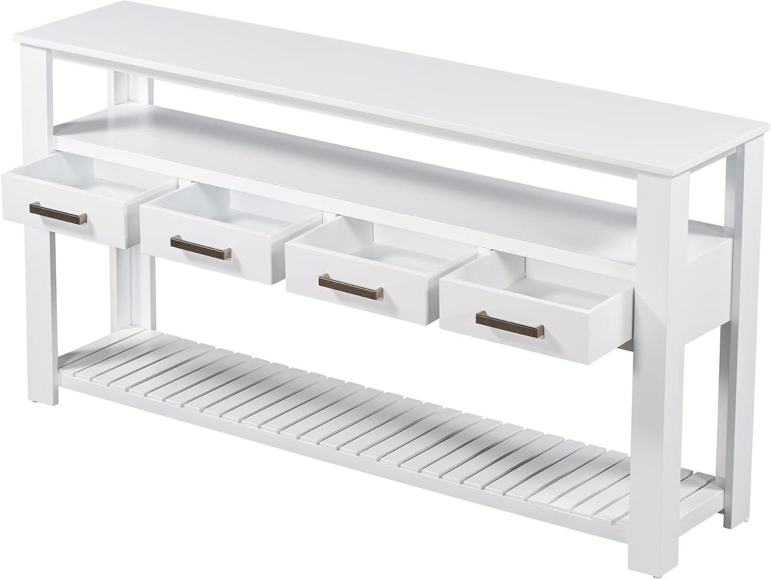 62 in White Console Table with 4 Drawers and 3-Tier Storage Shelves, Wood Modern Sofa Table Entryway Table Side Table for Entry Way, Hallway, Couch, Living Room, Kitchen, Foyer