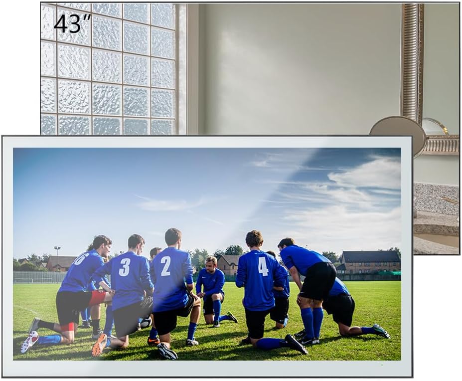Soulaca 43 Inches 4K UHD Waterproof Smart Mirror TV Vanishing Screen for Bathroom & SPA, IPX6 Goo-gle System Wi-Fi, Bluetooth ATSC DTV Tuner Advertising Display
