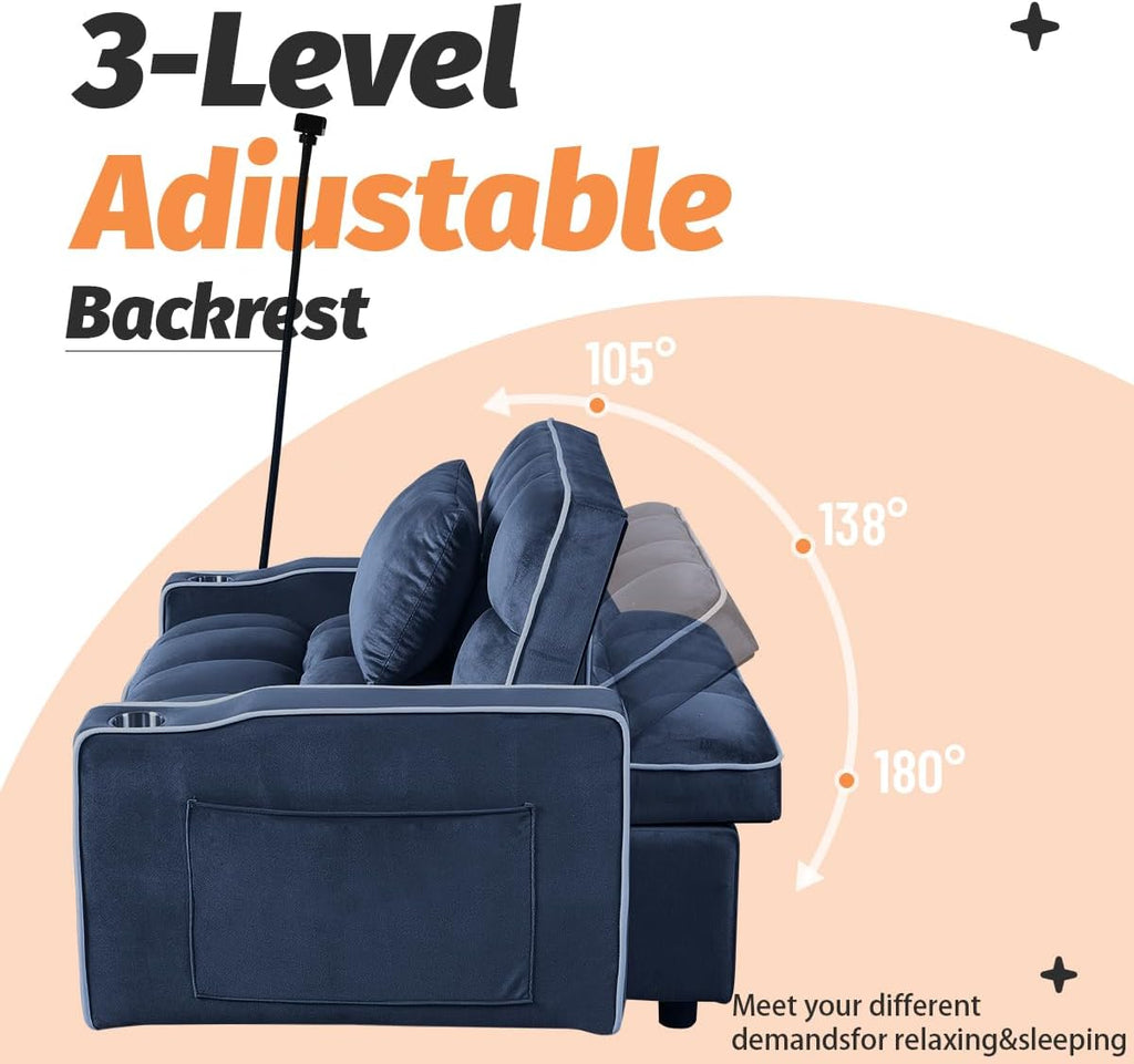 Majnesvon Modern Velvet Fabric Sofa Bed Futon,3 in 1 Convertible Pullout Bed Couches with 3 Reclining Backrests,Phone Stand,Small Sofa Single Sleeper Chair Bed for Living Room Bedroom (Blue)