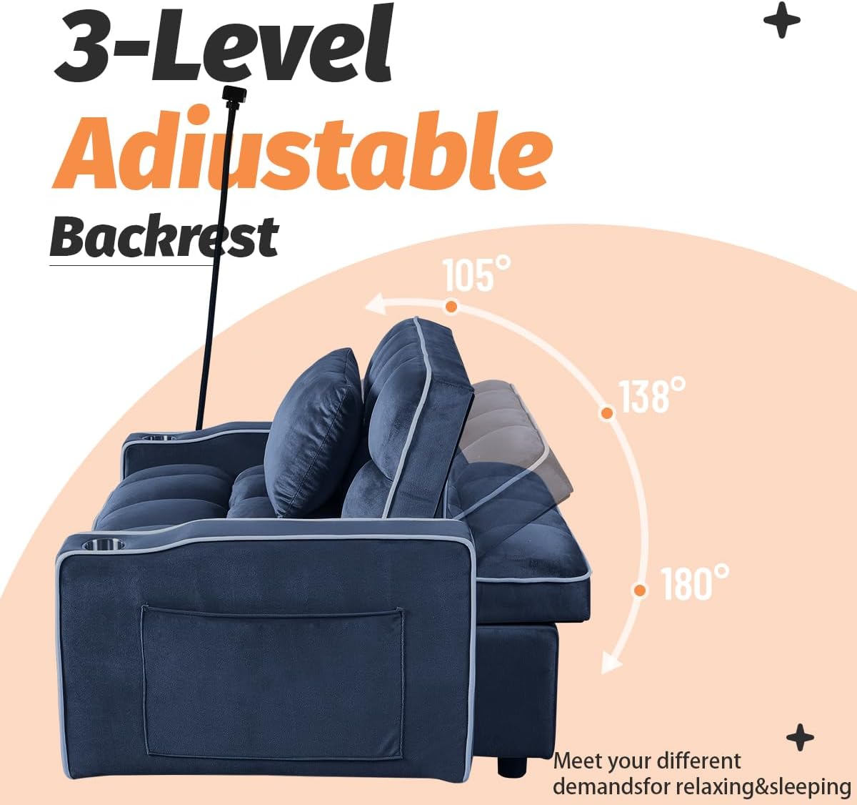 Majnesvon Modern Velvet Fabric Sofa Bed Futon,3 in 1 Convertible Pullout Bed Couches with 3 Reclining Backrests,Phone Stand,Small Sofa Single Sleeper Chair Bed for Living Room Bedroom (Blue)