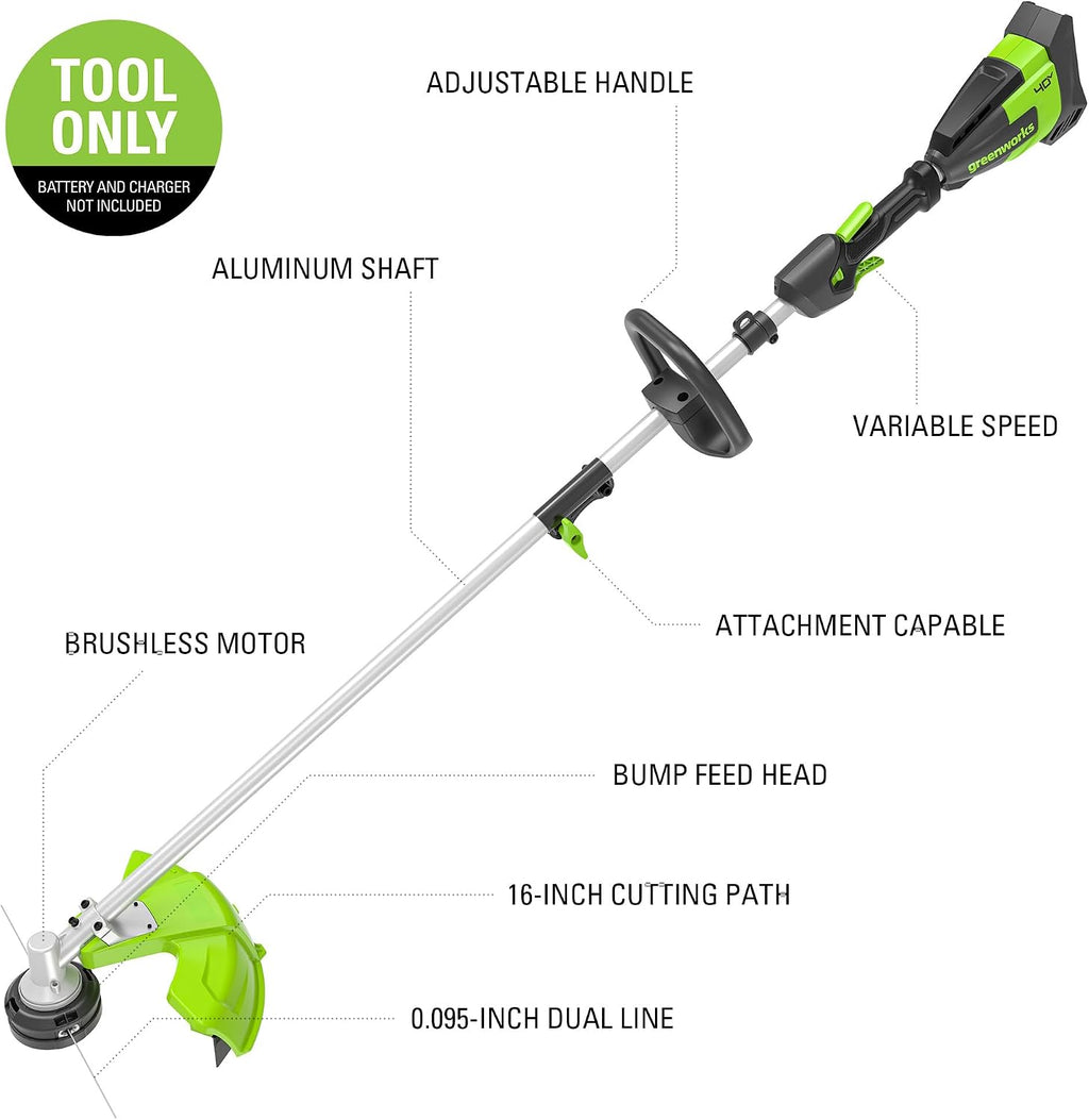 Greenworks 40V 16-Inch Brushless (Attachment Capable) Cordless String Trimmer (Gen 2), Battery and Charger Not Included