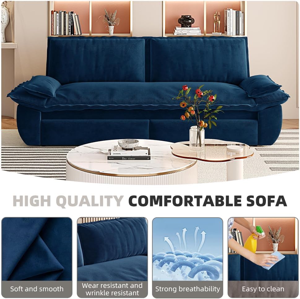 73.2' Sleeper Sofa Bed Queen Size, 3-in-1 Convertible Couch, Modern Pull Out Couches, Comfy Velvet Futon Sofa, Cloud Loveseat Lounge, Pillow Arm for Small Spaces, Living Room, Apartment, Blue