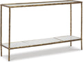 Signature Design by Ashley Ryandale Console Sofa Table, Glass Tabletop, White Marble Lower Shelf, Sand Casted Aluminum, 52' W x 12.5' D x 32.75' H, Antique Brass Finish