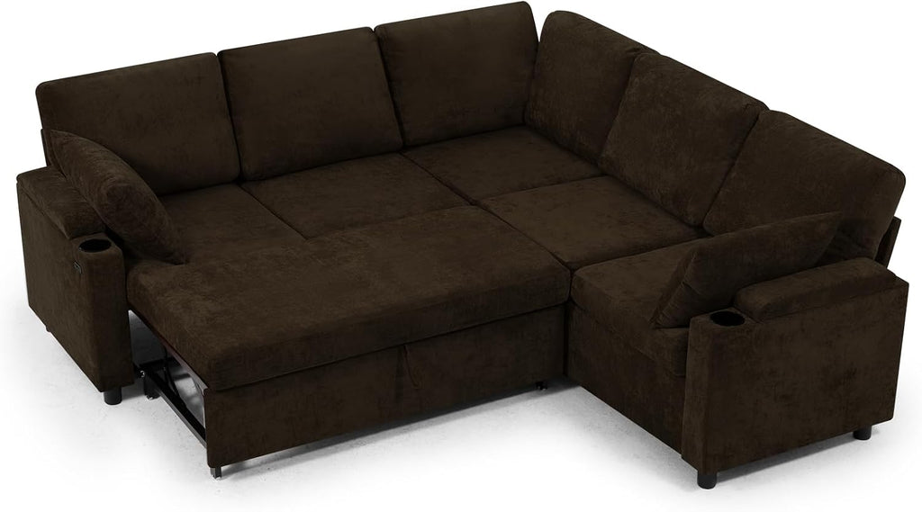 85' Chenille Reversible Sectional Sofa w/Pull-Out Bed, Upholstery L-Shaped Couch w/Storage Armrests & Cup Holders, Modern Corner Sofa w/USB Charging Port & Throw Pillow for Living Room, Brown