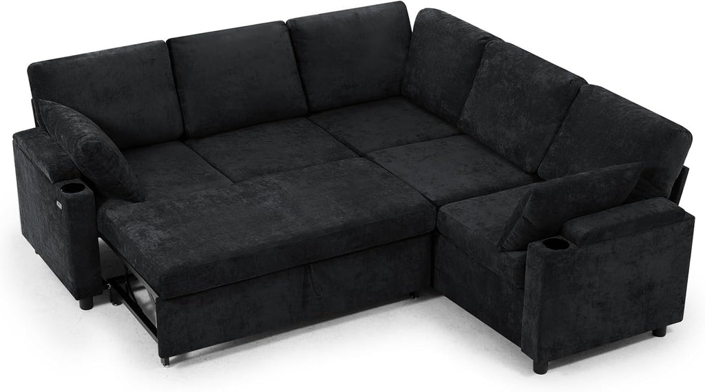 85' Chenille Reversible Sectional Sofa w/Pull Out Bed, Upholstery L Shaped Couch w/Storage Armrests & Cup Holders, Modern Corner Sofa w/USB Charging Port & Throw Pillow for Living Room, Black