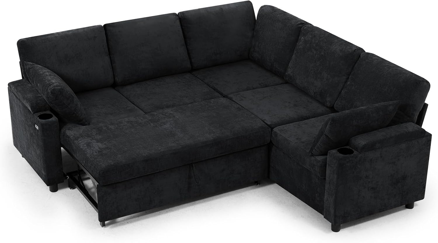 85' Chenille Reversible Sectional Sofa w/Pull Out Bed, Upholstery L Shaped Couch w/Storage Armrests & Cup Holders, Modern Corner Sofa w/USB Charging Port & Throw Pillow for Living Room, Black