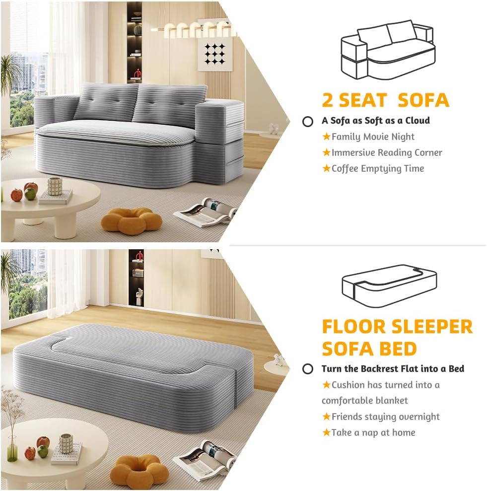 78.7' Convertible Folding Sofa Bed, Queen Sleeper Sofa with Multi Functional Blanket, Corduroy Fabric Floor & Futon Loveseat Couch, Foam Folding Mattress Sleeper for Living Room, Apartment, Light Grey