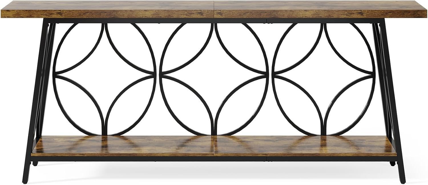 Celaform 70.9-Inch Sofa Table, 2-Tier Narrow Console Table with Storage for Living Room, Entryway, Hallway, Foryer, Geometric Pattern Design (Rustic Brown)