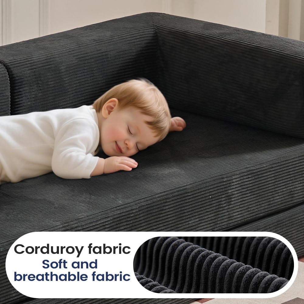 GEARIVY Folding Sofa Bed Convertable Corduroy Couch King Size Floor Sleeper 4-in-1 DIY Combination Modular Sofa Fold Out Futon Lounge Comfy Foldable Lazy cama for Living Room (Black, 80.3 inch Sofa)