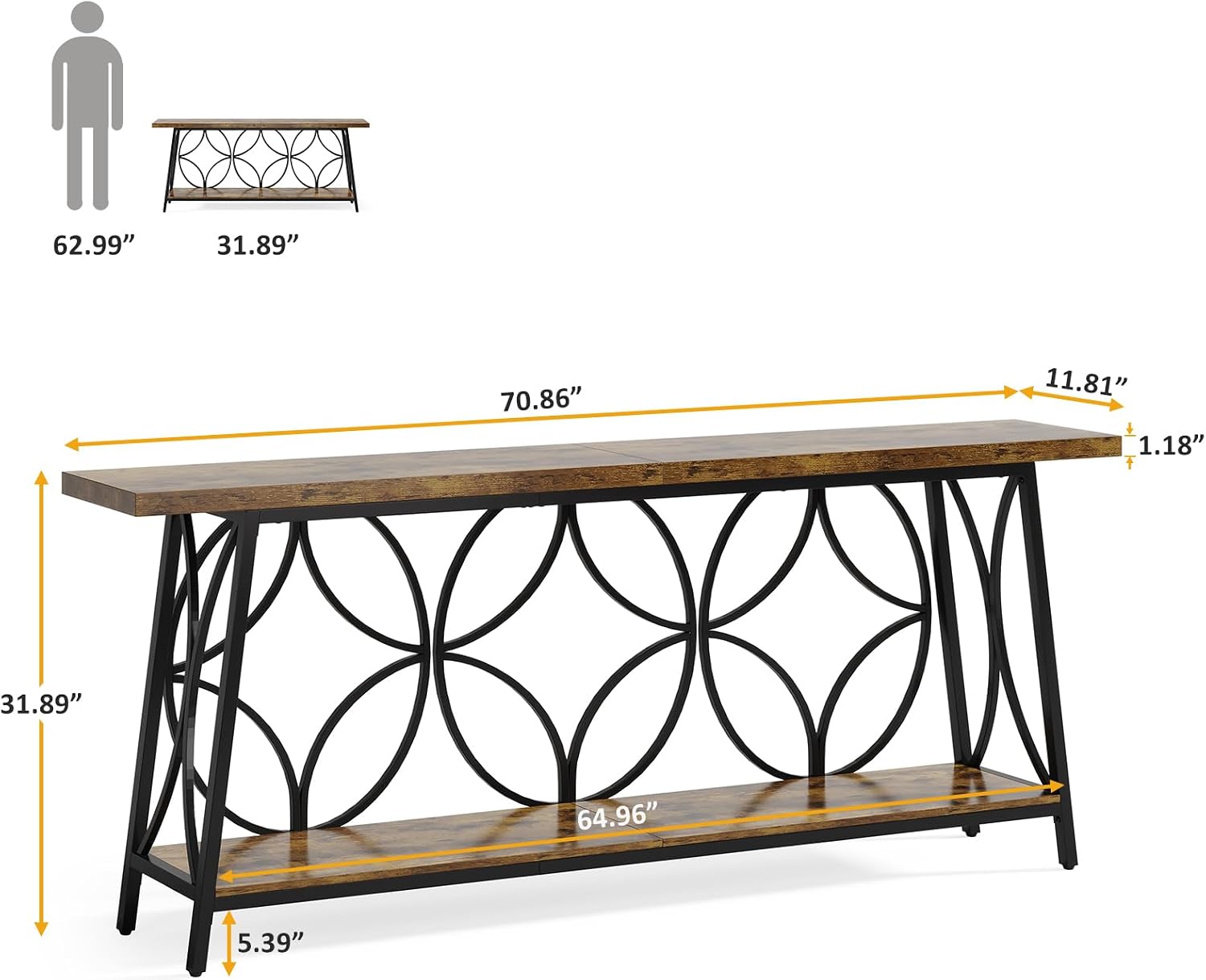 Celaform 70.9-Inch Sofa Table, 2-Tier Narrow Console Table with Storage for Living Room, Entryway, Hallway, Foryer, Geometric Pattern Design (Rustic Brown)