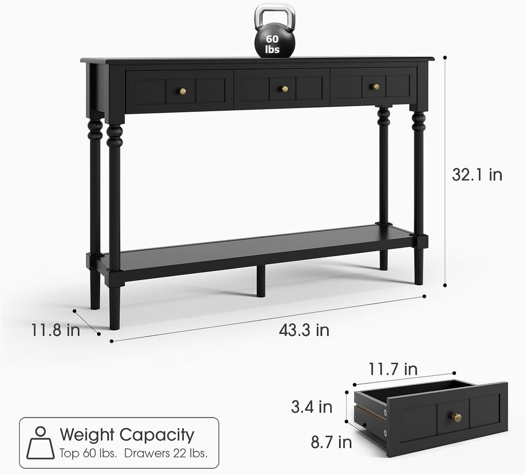 JOINICE Console Tables with Drawers,43' Entryway Table with Shelf and Solid Wood Legs,Narrow Long Sofa Table with Storage, Wood Foyer Tables for Entryway,Living Room,Hallway,Black