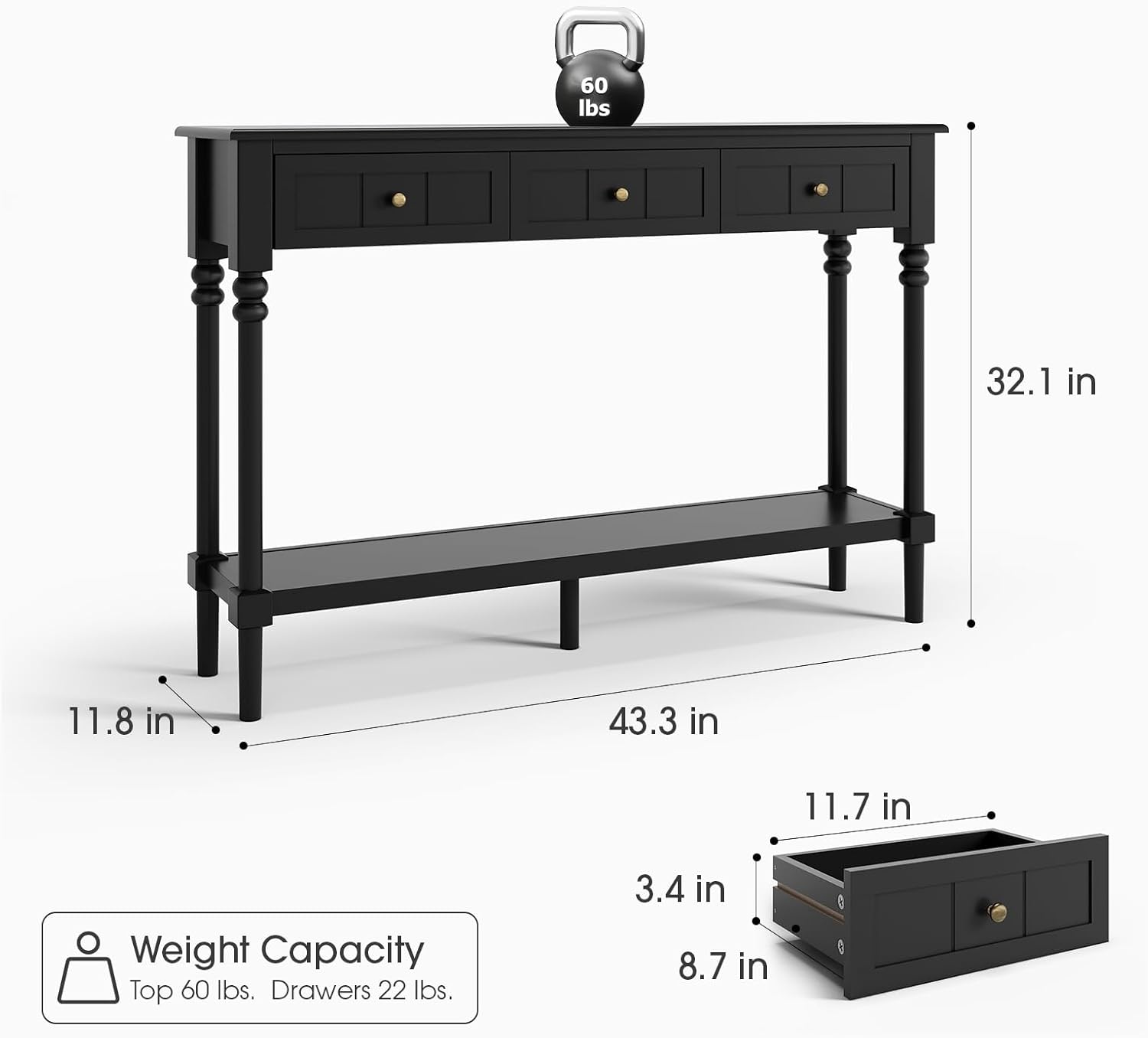 JOINICE Console Tables with Drawers,43' Entryway Table with Shelf and Solid Wood Legs,Narrow Long Sofa Table with Storage, Wood Foyer Tables for Entryway,Living Room,Hallway,Black