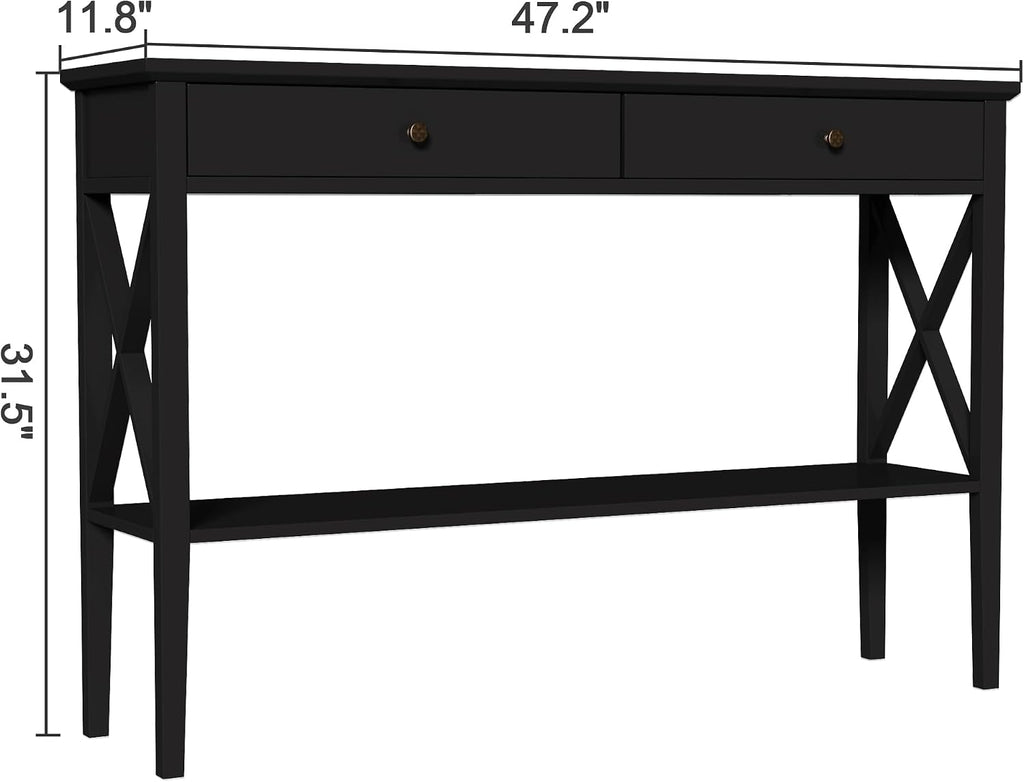 ChooChoo 47' Console Table with Drawers, Narrow Wood Accent Sofa Table Entryway Table with Storage Shelf for Entryway, Front Hall, Hallway, Living Room, Black