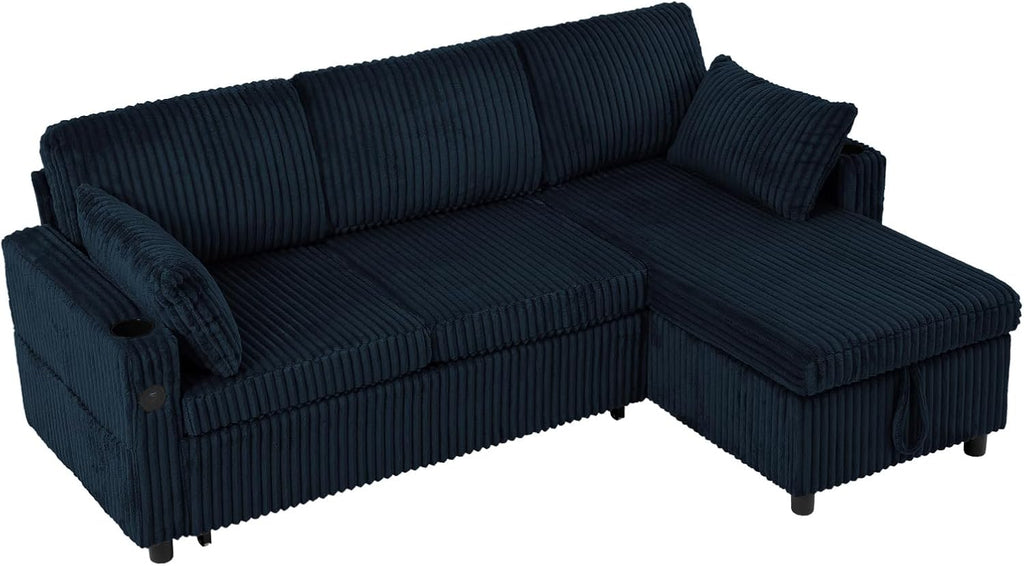 84' Corduroy Pull Out Sofa Bed w/Adjustable Backrests, Sectional L-Shape Sleeper Sofa w/Storage Chaise, Convertible Couch Bed w/USB Charging Port & Cup Holders for Living Room, House, Blue
