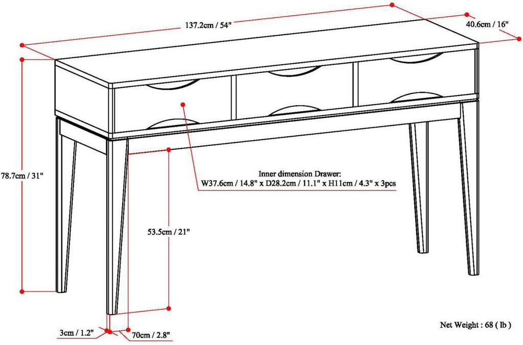 SIMPLIHOME Harper Console Table - 54 Inch Wide Solid Hardwood Sofa Table in Black, Mid-Century Modern Storage Table for Entryway or Living Room with 3 Drawers, Notched Handles, and Tapered Legs