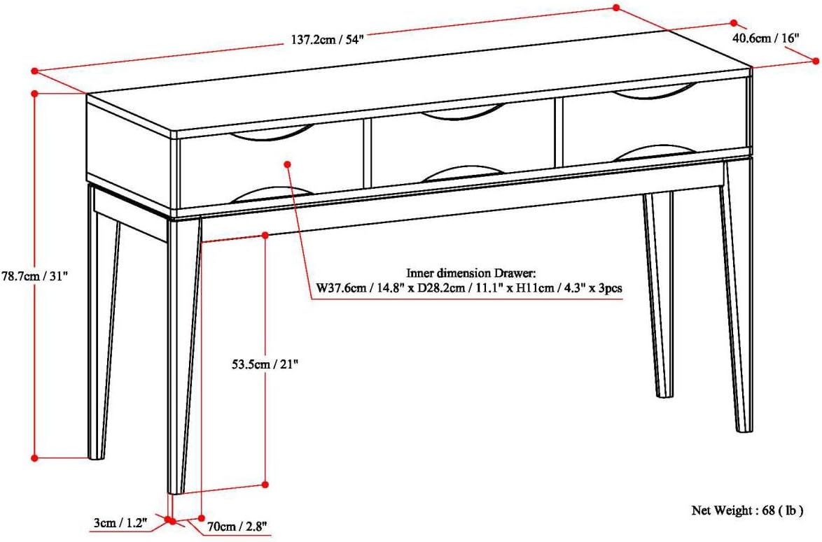 SIMPLIHOME Harper Console Table - 54 Inch Wide Solid Hardwood Sofa Table in Black, Mid-Century Modern Storage Table for Entryway or Living Room with 3 Drawers, Notched Handles, and Tapered Legs