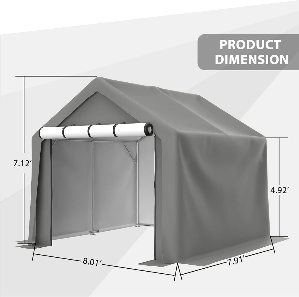 8x8 ft Storage Tent with Roll up Doors, Outdoor Portable Shelter Shed Garage Tent Carport, Waterproof Snowproof for Lawn Mower, Bike, Motorcycleand, Gray