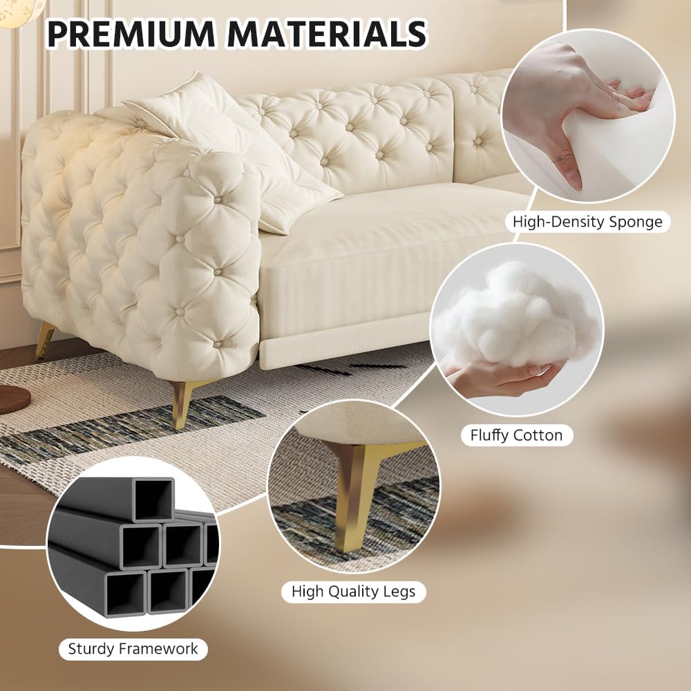 97.7'' Pull Out Sofa Bed King, Chesterfield Velvet Sleeper Sofa, Convertible L-Shaped Futon Couch, Tufted Back, 2 Pillows, Ottoman, Deep Seat Loveseat Couches for Living Room, Apartment, Beige
