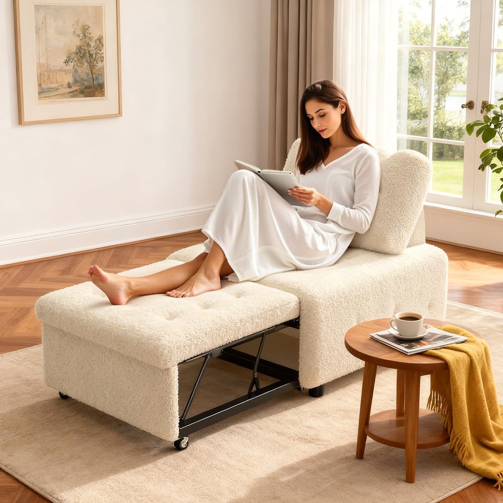 CMOHOMA Sleeper Sofa Bed,Convertible Pull Out Couch with Adjustable Backrest,Teddy Chaise Lounge Chair,Sectional Couches for Living Room,Bedroom,Apartment,Beige