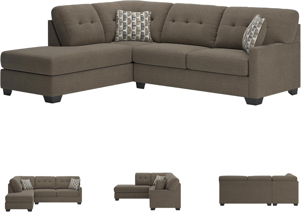 Signature Design by Ashley Mahoney Casual L-Shaped Tufted 2-Piece Sleeper Sectional with Chaise, Bi-Fold Memory Foam Mattress, Loose Seat Cushions and 2 Accent Pillows, Full, Dark Brown