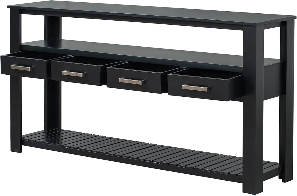 LKTART Console Table for Entryway with 4 Drawers,61.5'' Long Sofa Table with 3-Tier Open Shelves,Entry Table for Hallway,Foyer,Living Room,Black