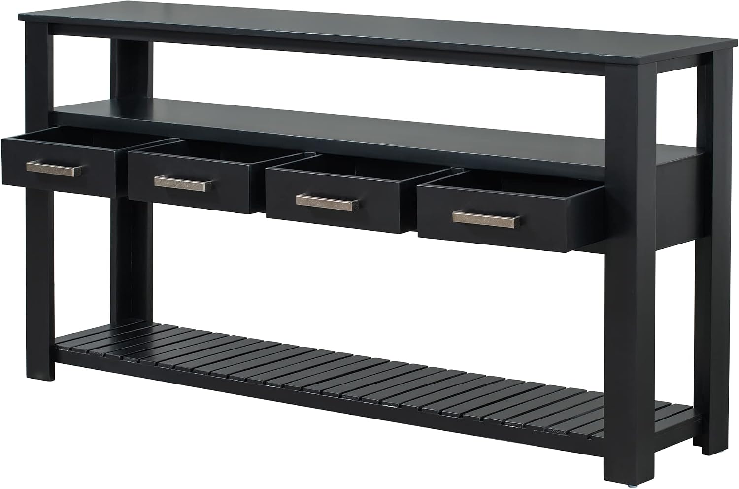 LKTART Console Table for Entryway with 4 Drawers,61.5'' Long Sofa Table with 3-Tier Open Shelves,Entry Table for Hallway,Foyer,Living Room,Black