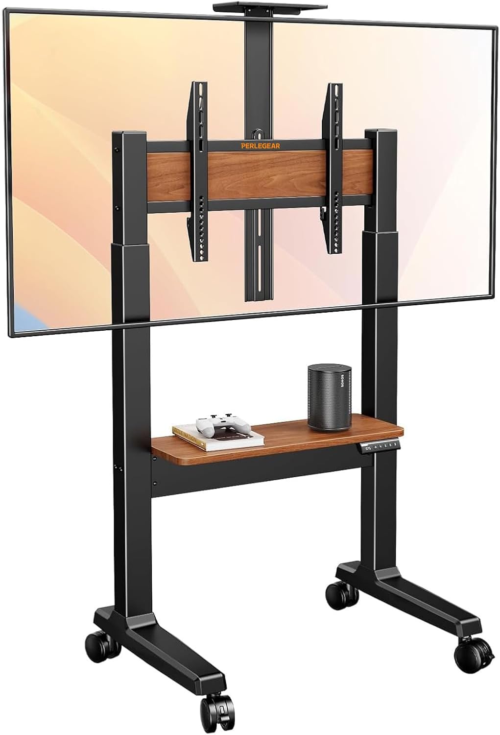 Perlegear Motorized Mobile TV Stand on Wheels for 37–86 Inch TVs up to 154 lbs, Electric Height Adjustable Rolling TV Stand, VESA 200x200–600x400mm, Wooden Shelf & Panel, PGTVMC26B