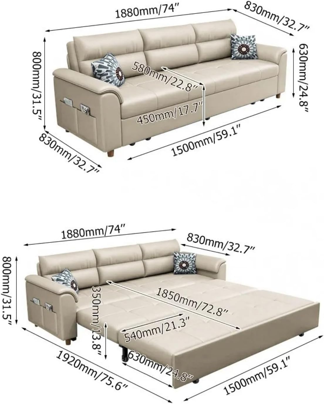 homary 74' Queen Sleeper Sofa Bed – 2-Seater Convertible Couch with Pull-Out Bed with Storage Drawers & Side Pockets, for Apartment Living Room (Beige)
