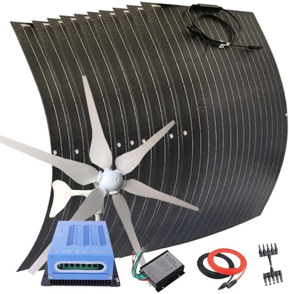 1400W Wind Solar Powered Kit for Home Off Grid Applications: 400W Wind Turbine Generator/10pcs 100W etfe Flexible Solar Panels Monocrystalline/40A MPPT Charge Controller/Cable/Connector