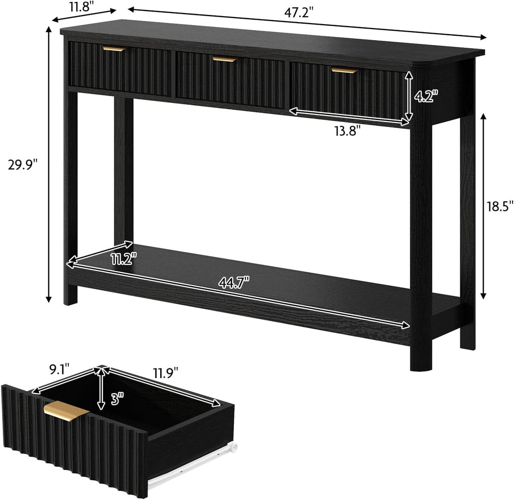 HOKYHOKY Fluted Console Table with Drawers, Modern 47.1' Entryway Table with Storage Shelf, Boho Narrow Skinny Behind Couch Wood Sofa Table for Living Room Hallway Entrance Foyer, Black