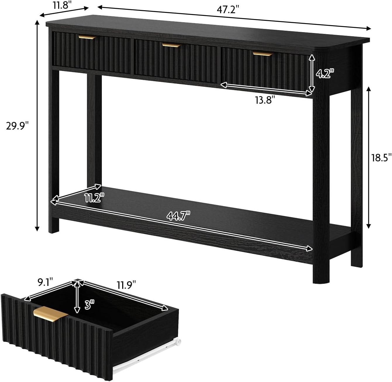 HOKYHOKY Fluted Console Table with Drawers, Modern 47.1' Entryway Table with Storage Shelf, Boho Narrow Skinny Behind Couch Wood Sofa Table for Living Room Hallway Entrance Foyer, Black